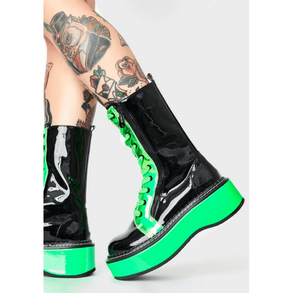 Demonia Emily 350 Neon Green UV Reactive Wrapped Platform MidCalf Lace-up size 7 - Picture 2 of 10
